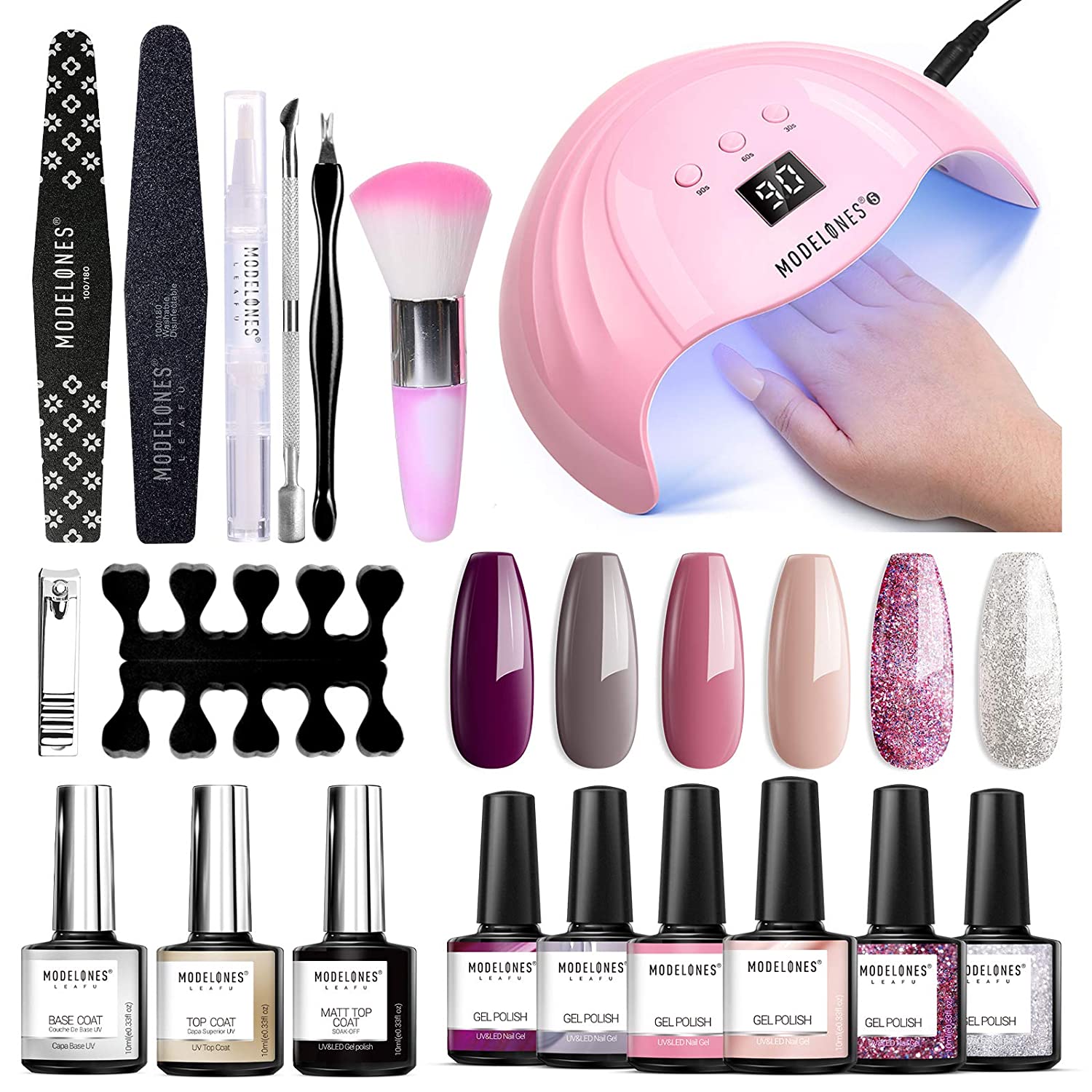 Modelones Gel Nail Polish Kit Popular Elegant Colors Gel Collection with 48W U V/LED Light – 6 Colors Gel, Matte Top Coat, Base Top Coat, Upgraded Manicure Tools